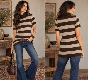Vtg Y2K GAP XL Brown Striped Short Sleeve Turtleneck Tunic Sweater Elena Gilbert